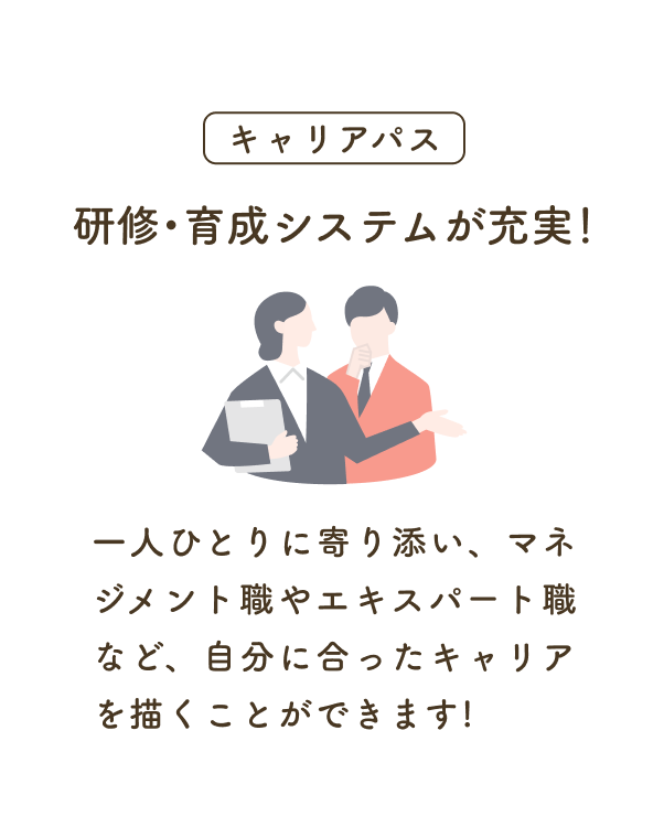 キャリアパス：研修・育成システムが充実！一人ひとりに寄り添い、マネジメント職やエキスパート職など、自分に合ったキャリアを描くことができます！