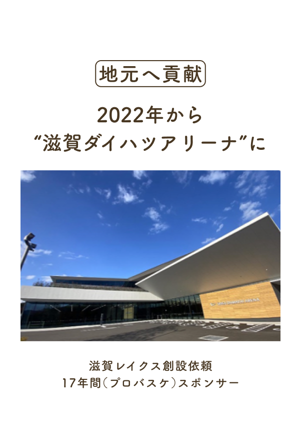 地元へ貢献：2022年から“滋賀ダイハツアリーナ”に滋賀レイクス創設依頼17年間（プロバスケ）スポンサー