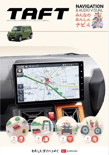 Car's dashboard with a GPS navigation screen showing a city map; a small green SUV graphic is in the upper left corner.