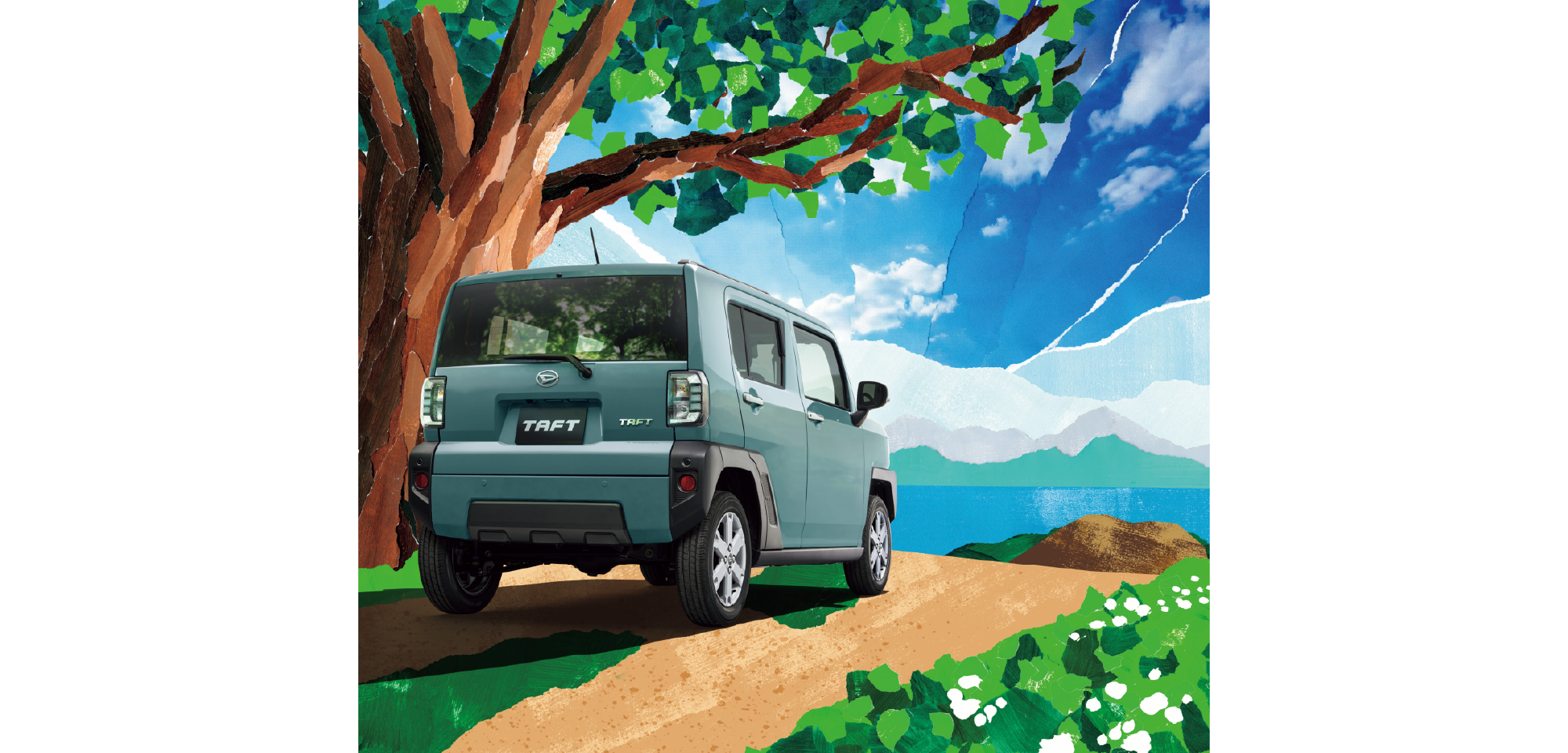 Rear and side view of a teal Taft SUV parked on a dirt path beneath a large tree with a blue sky, mountains and lake in the background.