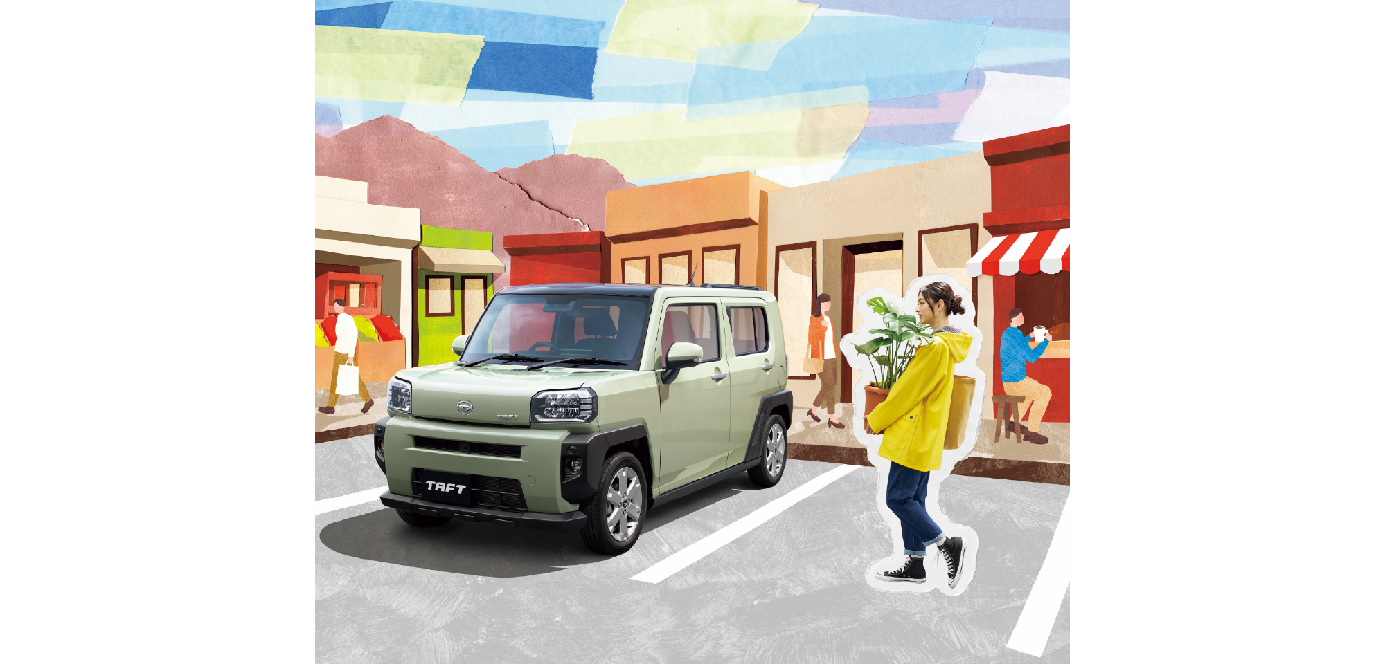 Green Taft SUV on a colorful collage-style street with pedestrians and storefronts in the background.