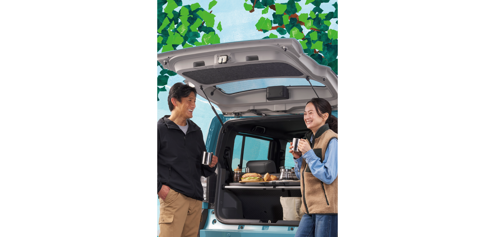 Two people smile and chat by an open SUV trunk, enjoying coffee and a small roadside meal on a tray inside the hatch area.