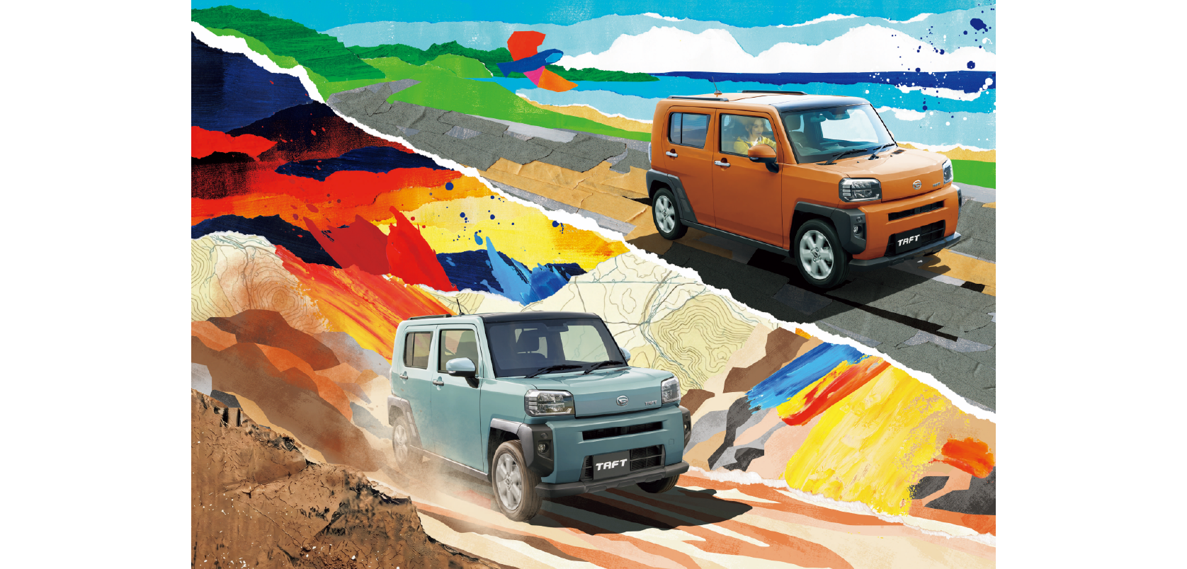Two Taft compact SUVs (orange and teal) drive across a vibrant, collage-style mountain landscape illustration.