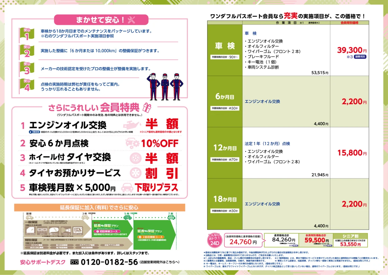 日本語の自動車点検・整備のチラシ。左側に安心ポイント、右側に料金表とサービス内容が並ぶ。