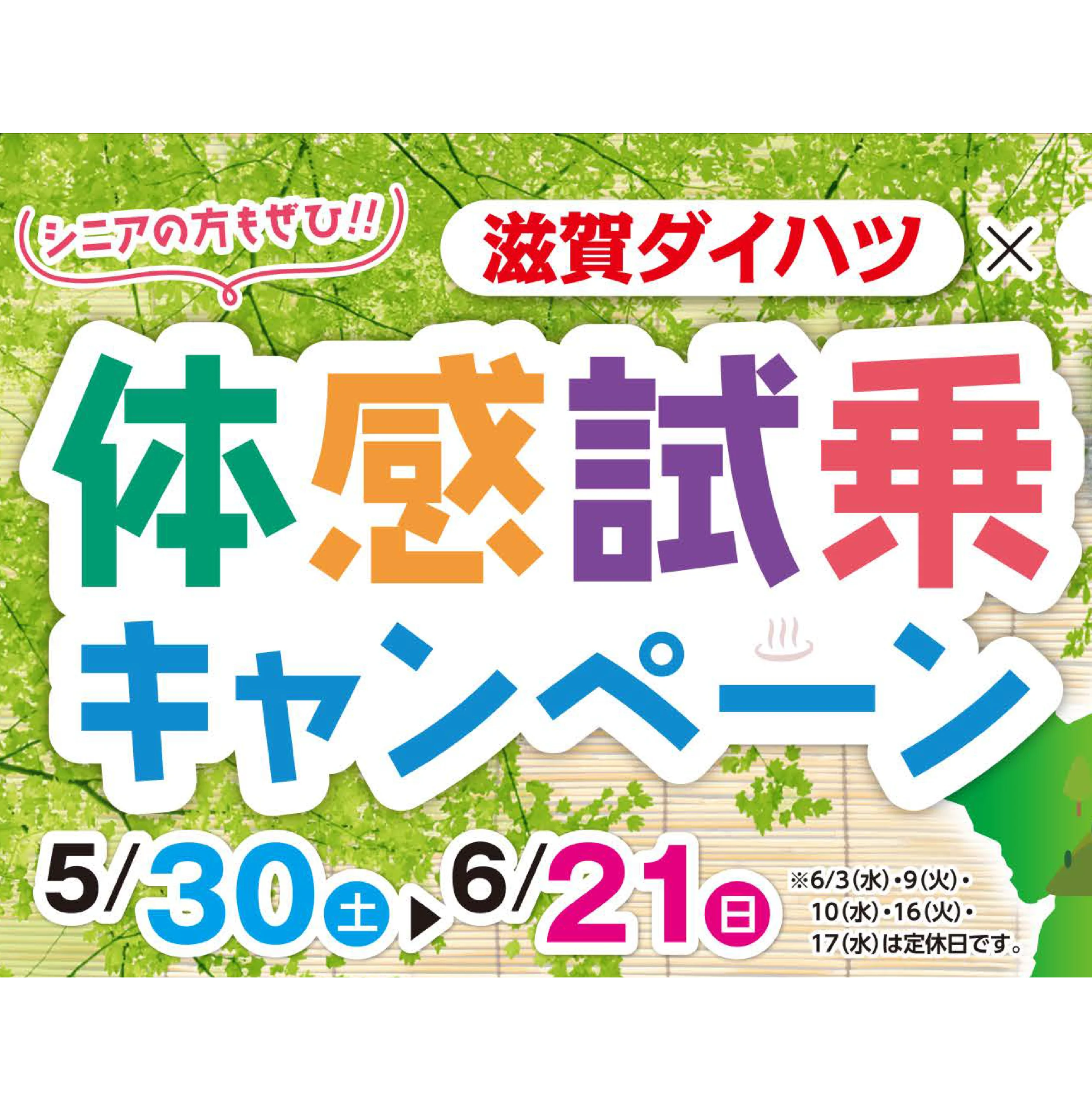 Colorful Japanese promotional banner with large multicolored characters on a green leafy background, announcing a sale with dates like 5/30 and 6/21.