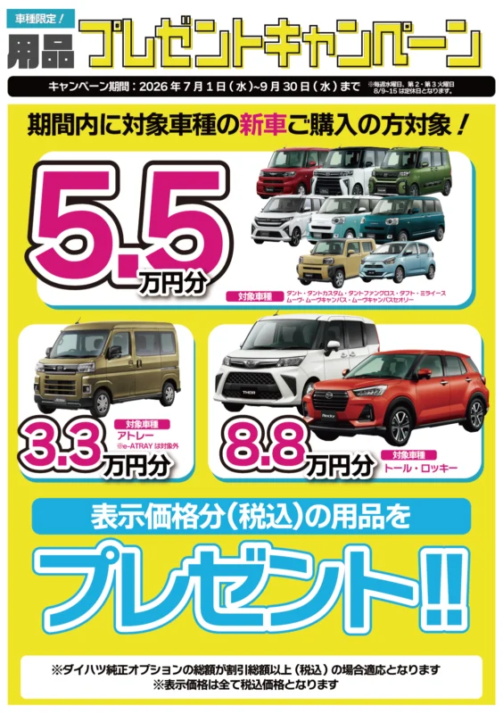 黄色のキャンペーンポスター。新車購入対象で55万円分のプレゼントと3.3万円・8.8万円の特典を大きく表示した車種画像付き広告。